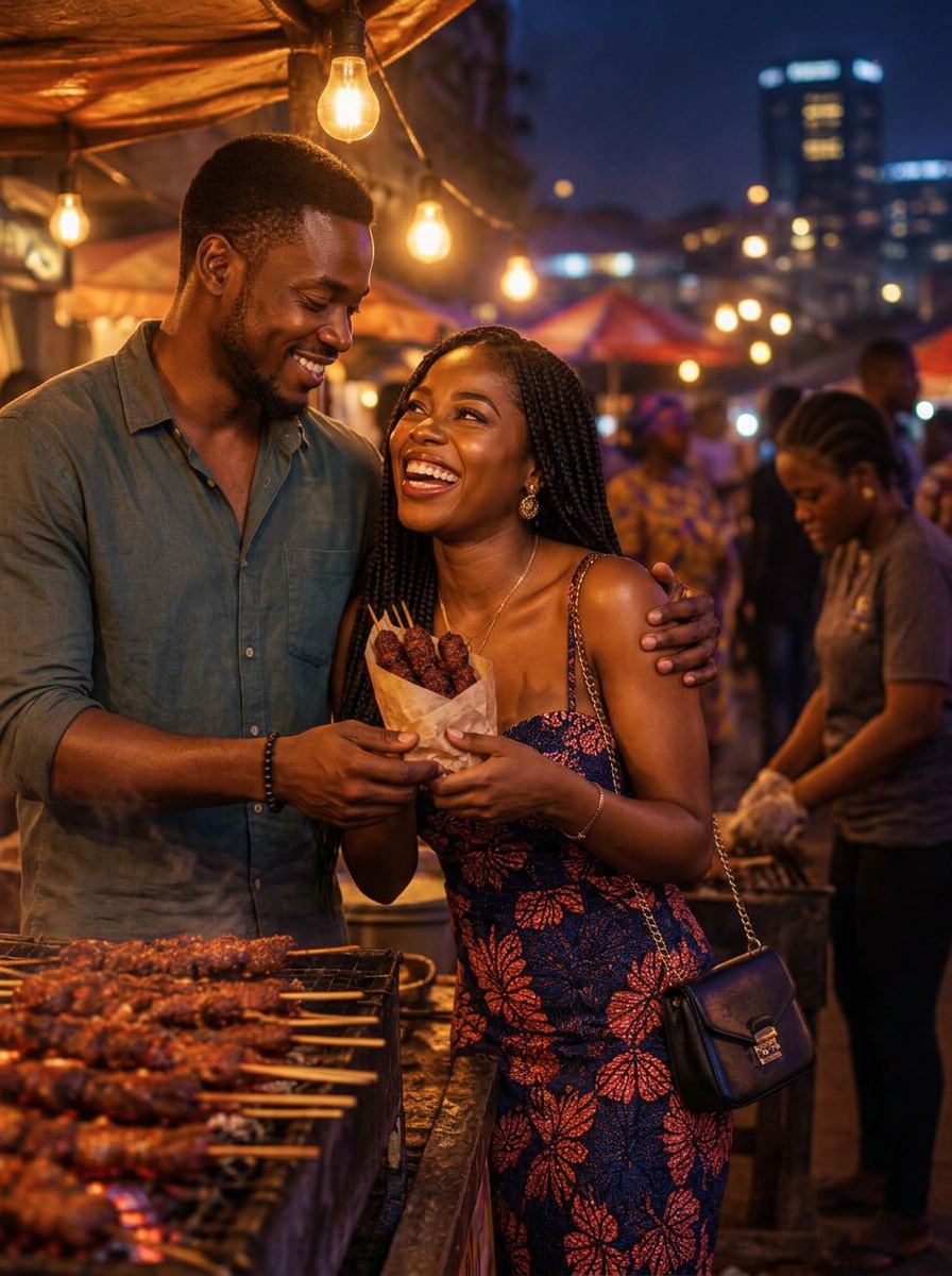 A man buying suya for the woman he likes at a Lagos night-market stand